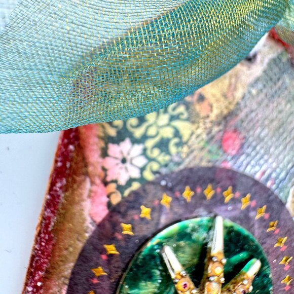 Handcrafted Ornament OOAK Collage Star Gold green Red & Pearl Accents Ribbon - Picture 7 of 10